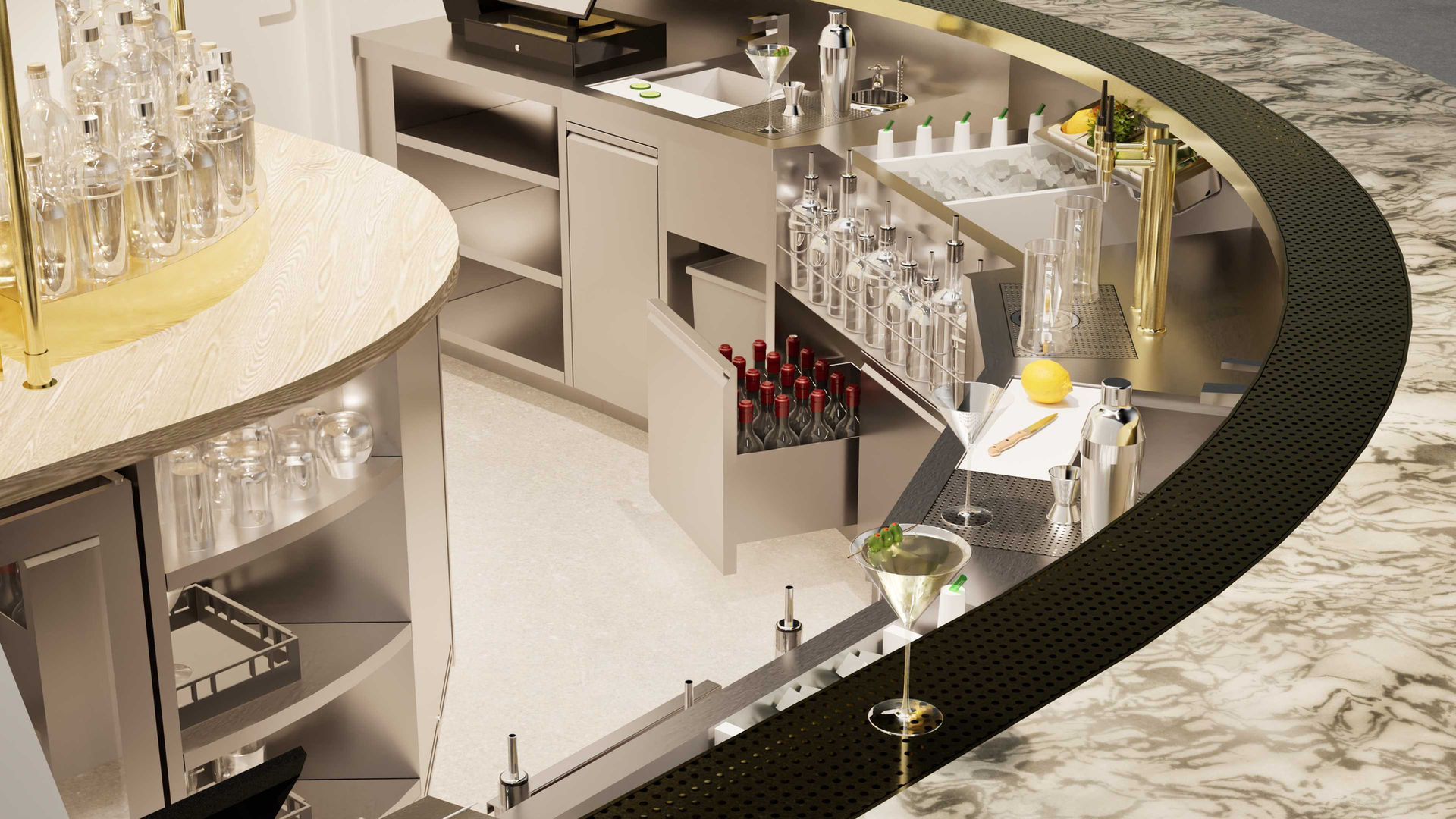 Render of curved bar with brass, marble, wood and stainless steel