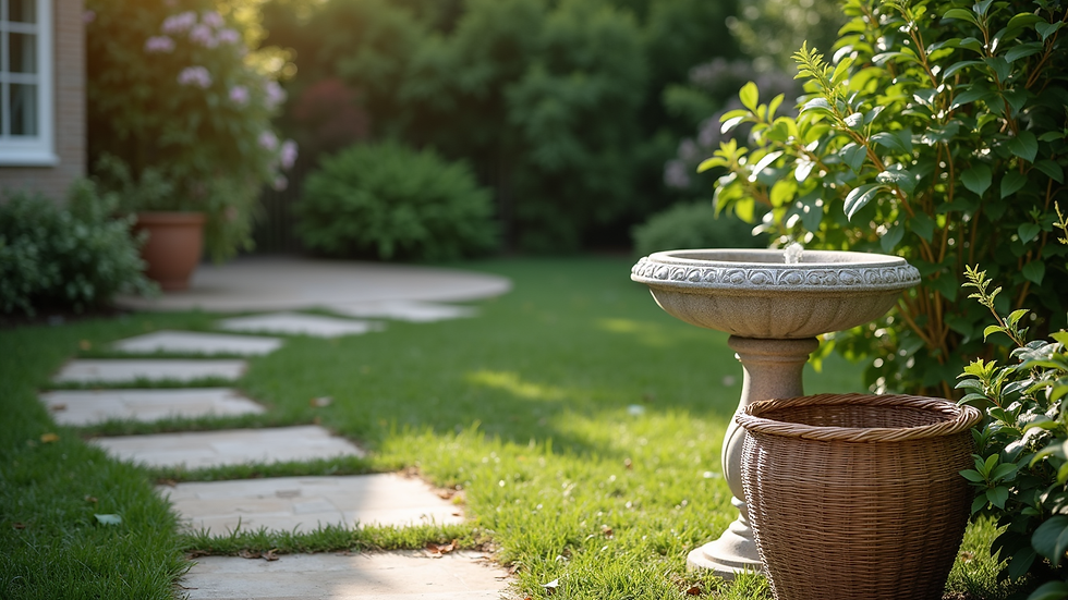 High angle view of a peaceful garden corner with stone birdbath and rattan planter