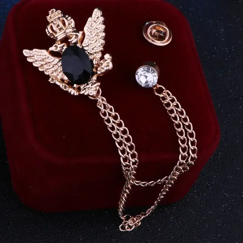 Thumbnail: Retro Shirt Suit Tassel Bird Wing Brooch Fringed Chain Double Hawk Head Lapel