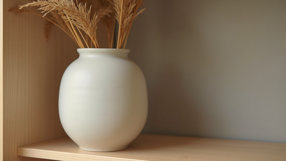 Close-up of a matte ceramic vase with bamboo detail on a wooden shelf
