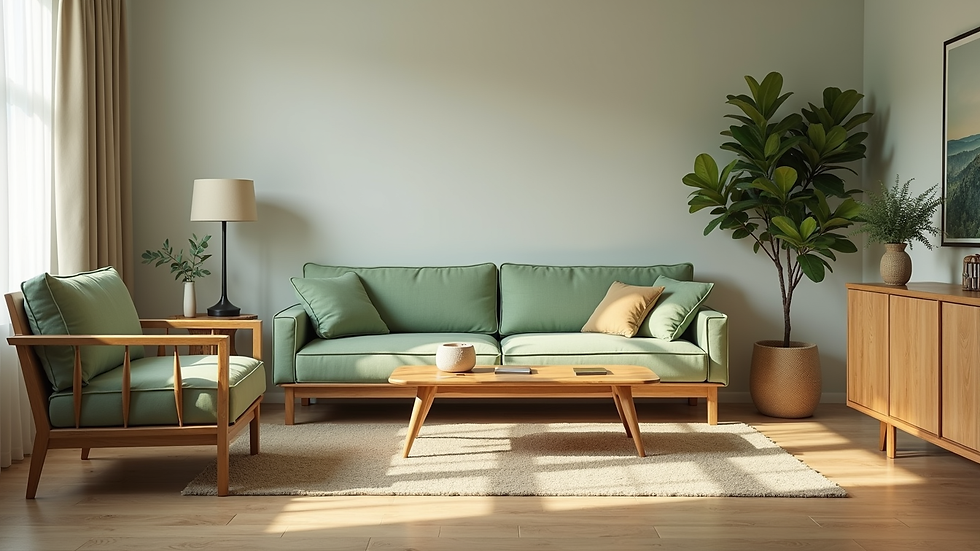Eye-level view of a cozy living room with natural wood furniture and soft green accents