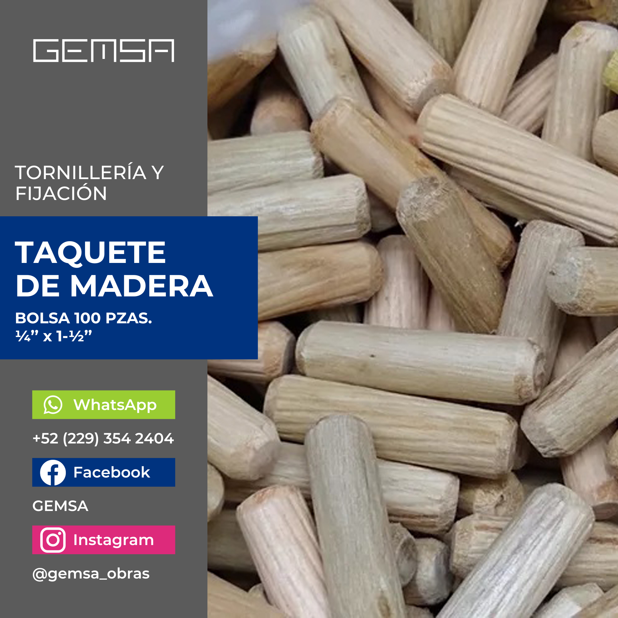 Taquete de madera ¼'' x 1-½''