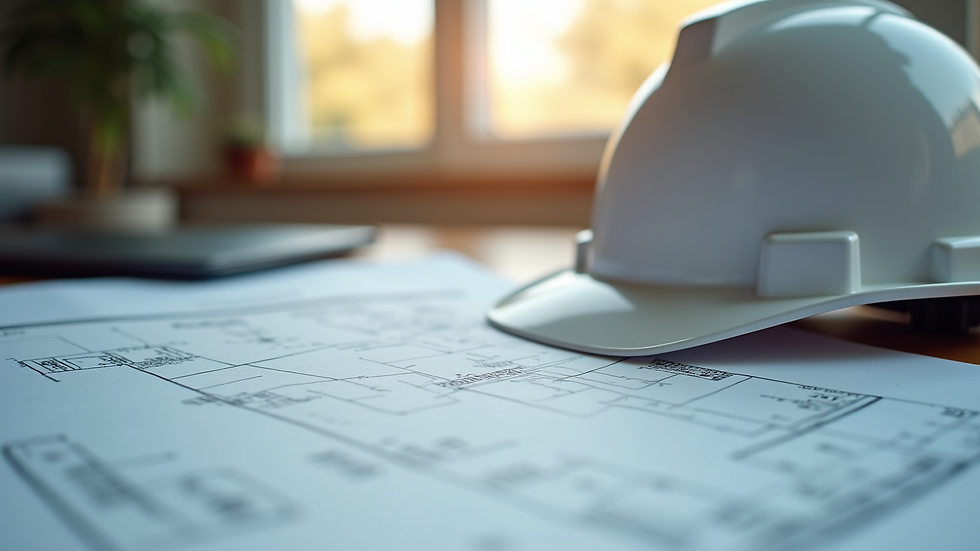 Close-up view of architectural blueprints and a hard hat on a desk