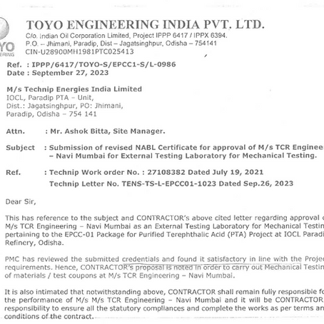 TCR Engineering Approved by Toyo Engineering & Technip