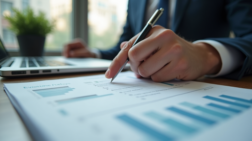 Eye-level view of a person reviewing financial documents at a desk