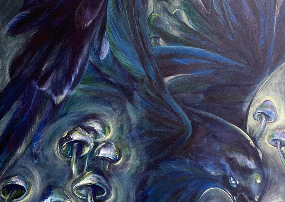 birds, oil, oilpainting, acryl, acrylic paint, mushrooms, glow, dark, world, feathers