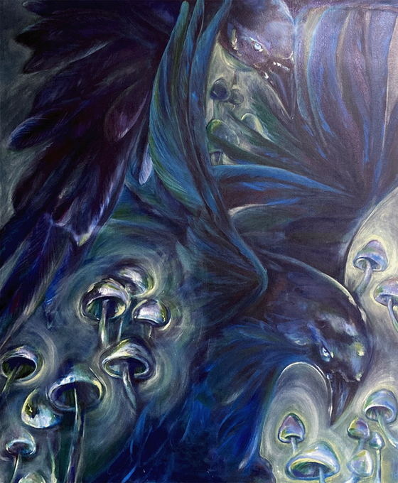 birds, oil, oilpainting, acryl, acrylic paint, mushrooms, glow, dark, world, feathers