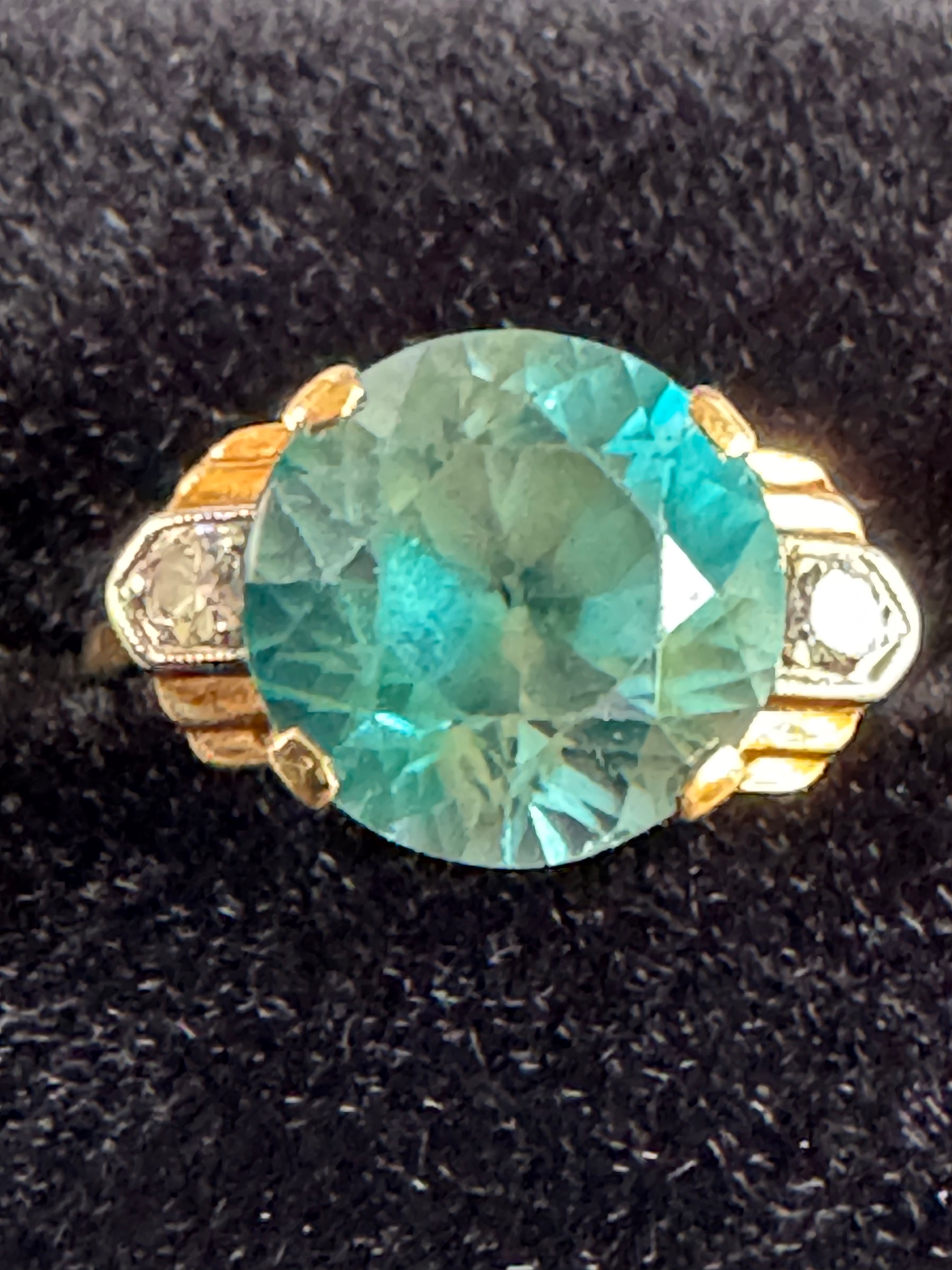 14CT YELLOW GOLD AQUAMARINE or TEAL BLUE TOPAZ AND DIAMOND RING.