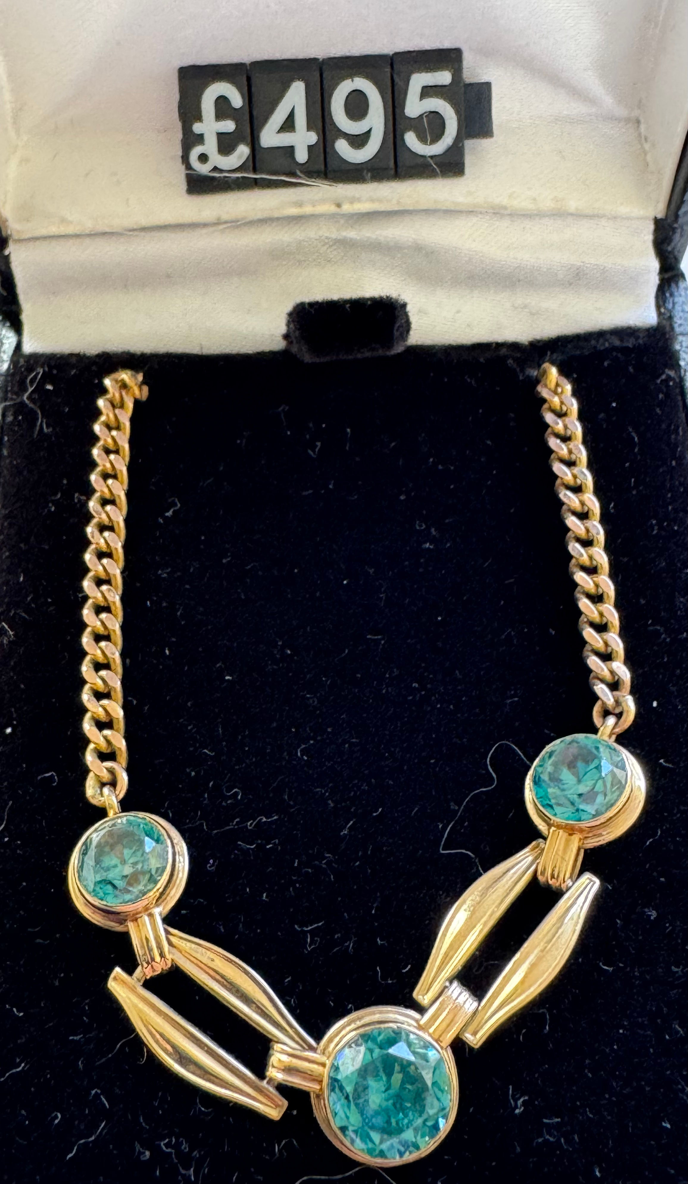 14CT YELLOW GOLD AQUAMARINE or TEAL BLUE / GREEN TOPAZ NECKLACE