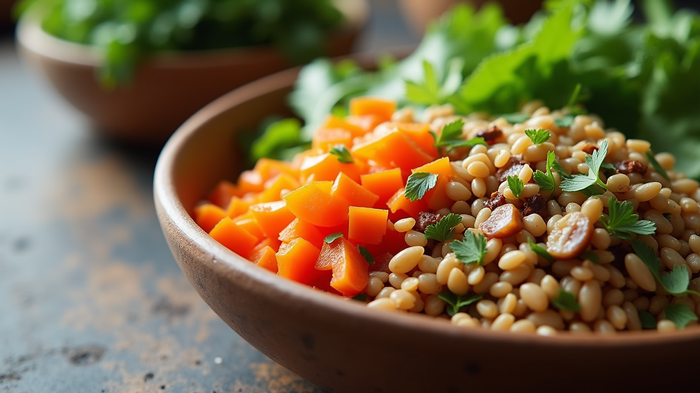 Close-up view of a colorful bowl of mixed vegetables and grains