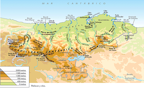 Mapa físico de Cantabria