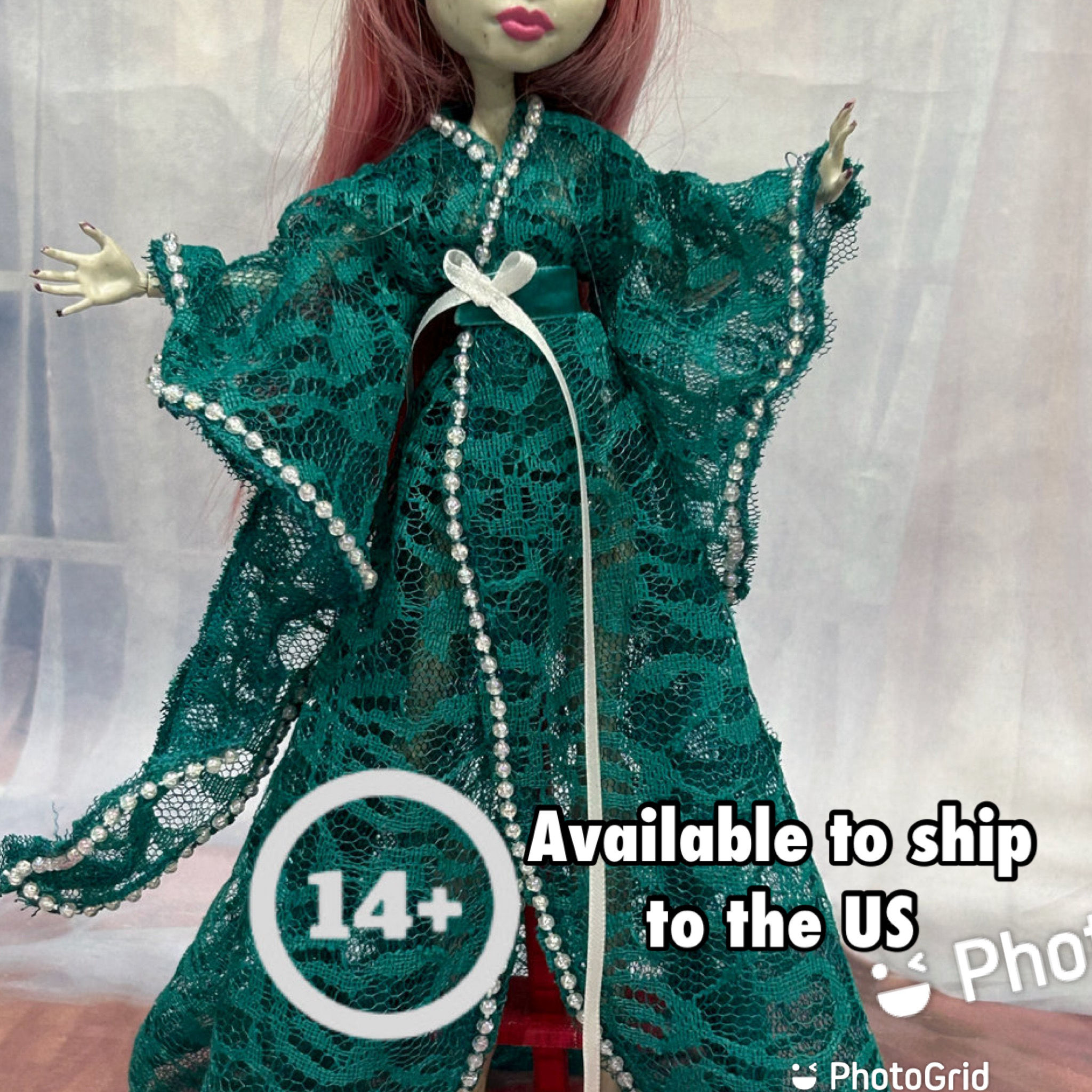Deep Teal Lace Kimono Style Dress with Faux Pearl Accents for G1/G2 Monster Doll