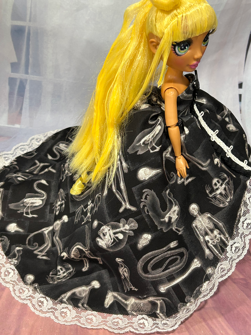 Thumbnail: Black and Ivory XRay Print High Low Gown for your 10" Rainbow Fashion Doll