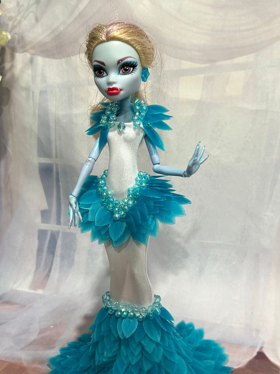 Thumbnail: White Shimmer Gown with Turquoise Scales Details and Beading - Age 14+ NOT A TOY