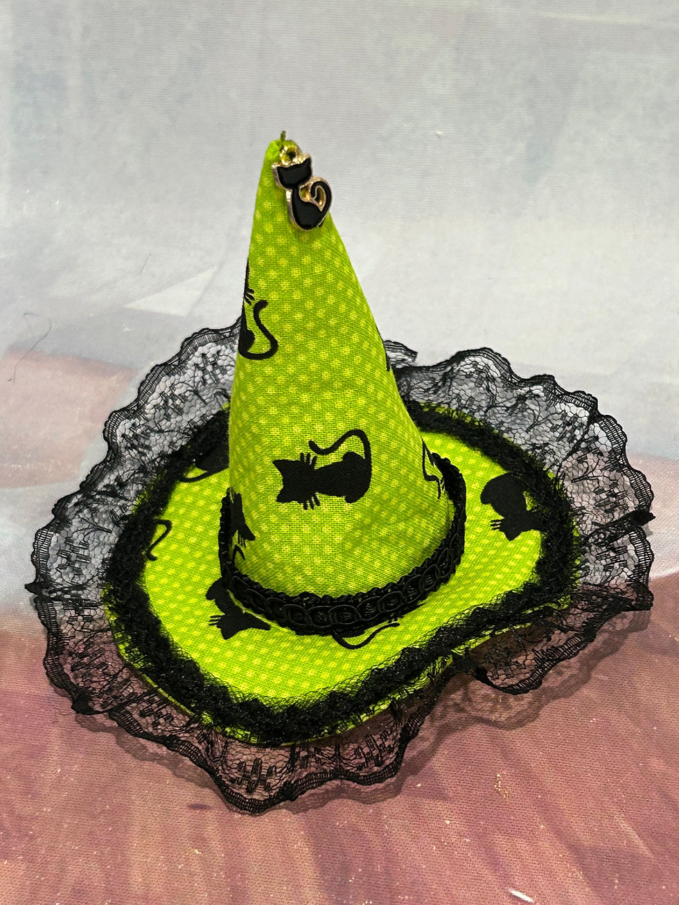Thumbnail: Green Polka Dot and Black Cat Witch Hat for your Fashion Doll, Age 8+