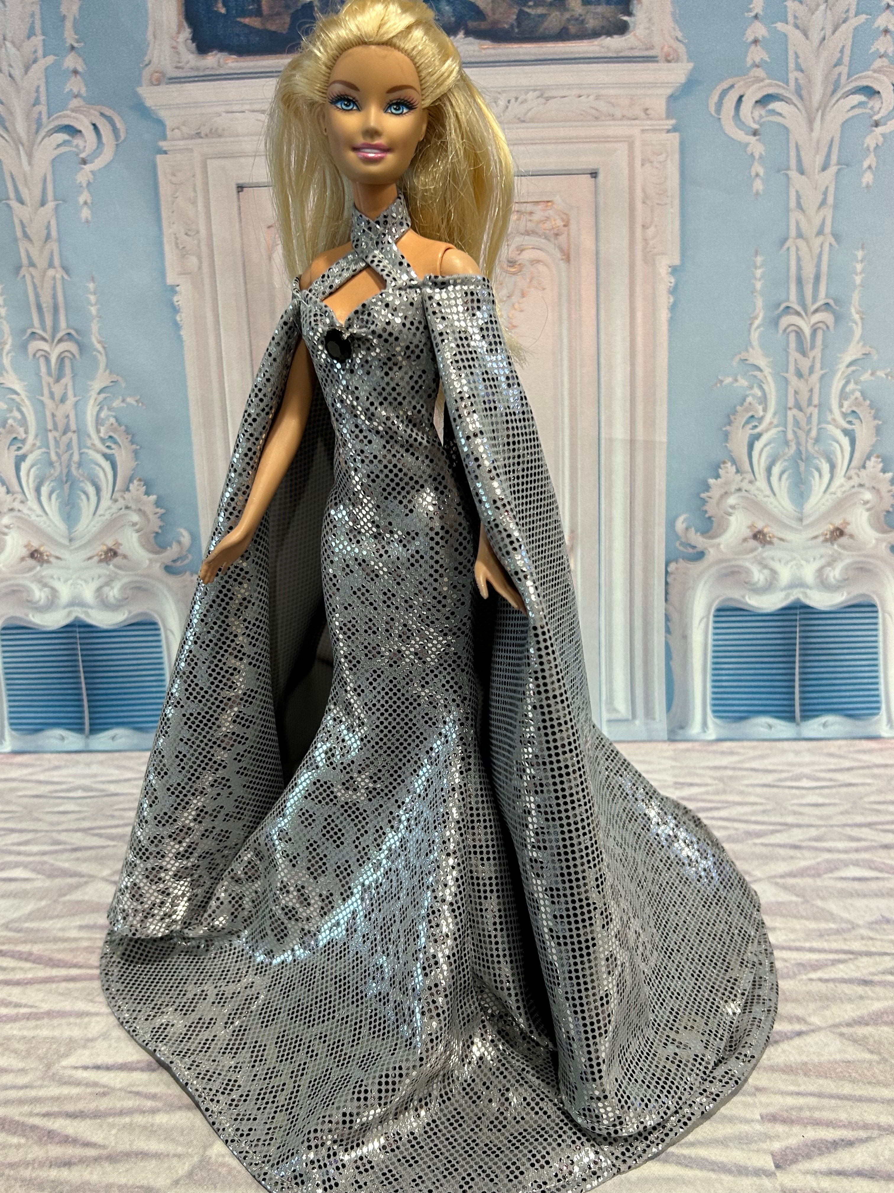 Silver Leopard Gown with Cape Sleeves for 11.5" Fashion Doll -Age 14+, Not a Toy