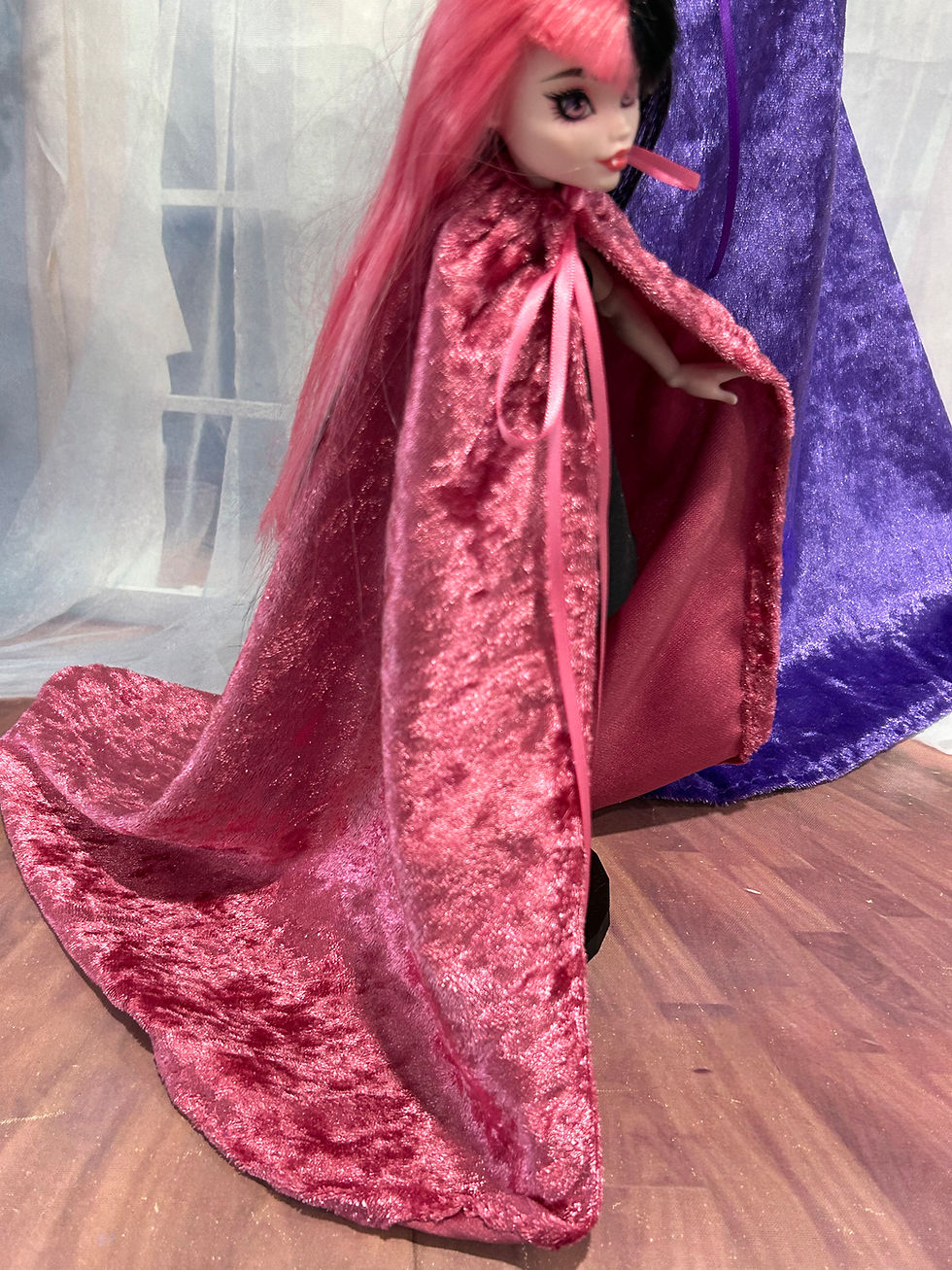 Thumbnail: Crushed Velvet Drawstring Cape for your 10-12" Fashion Dolls -Blue, Red OR Black