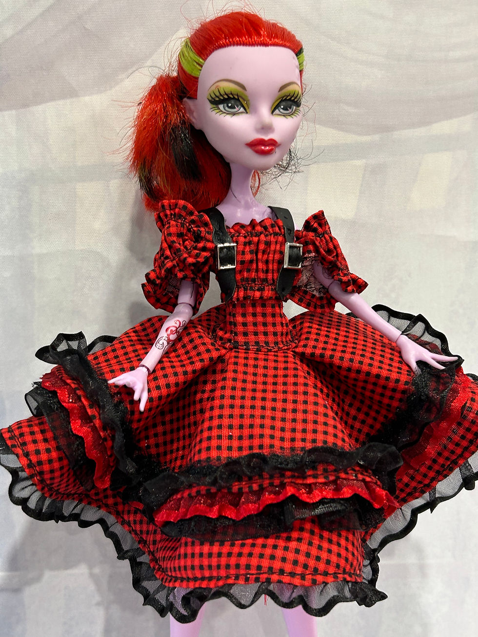 Thumbnail: Red and Black Check Lolita Dress with Black Straps for Monster Doll - Age 8+