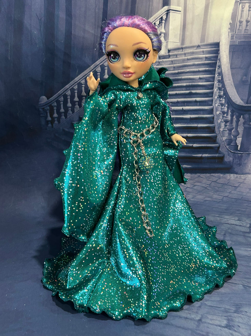 Thumbnail: Shimmer Teal and Silver Ruffled Hem Gown with Hood for your Rainbow Fashion Doll