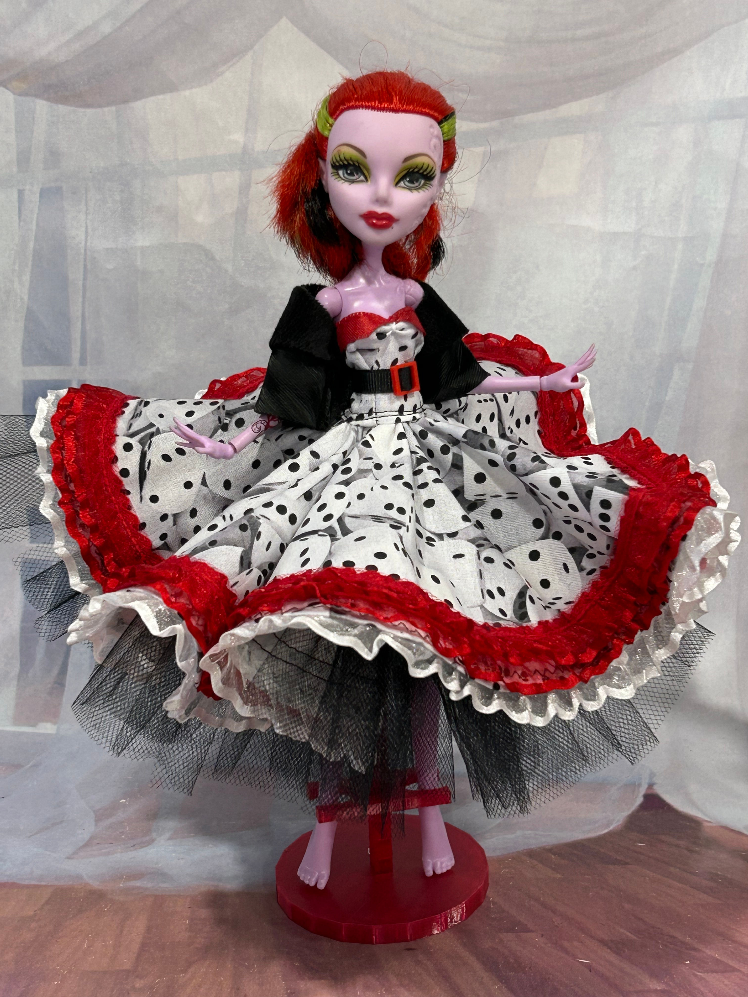 White, Black and Red Dice Dress with Retro Vibes for G1/G2 Monster Fashion Doll