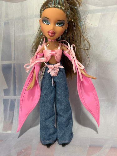 Pink Crop Top with Sleeves and Jeans Made to fit Bratz Dolls - Main Image