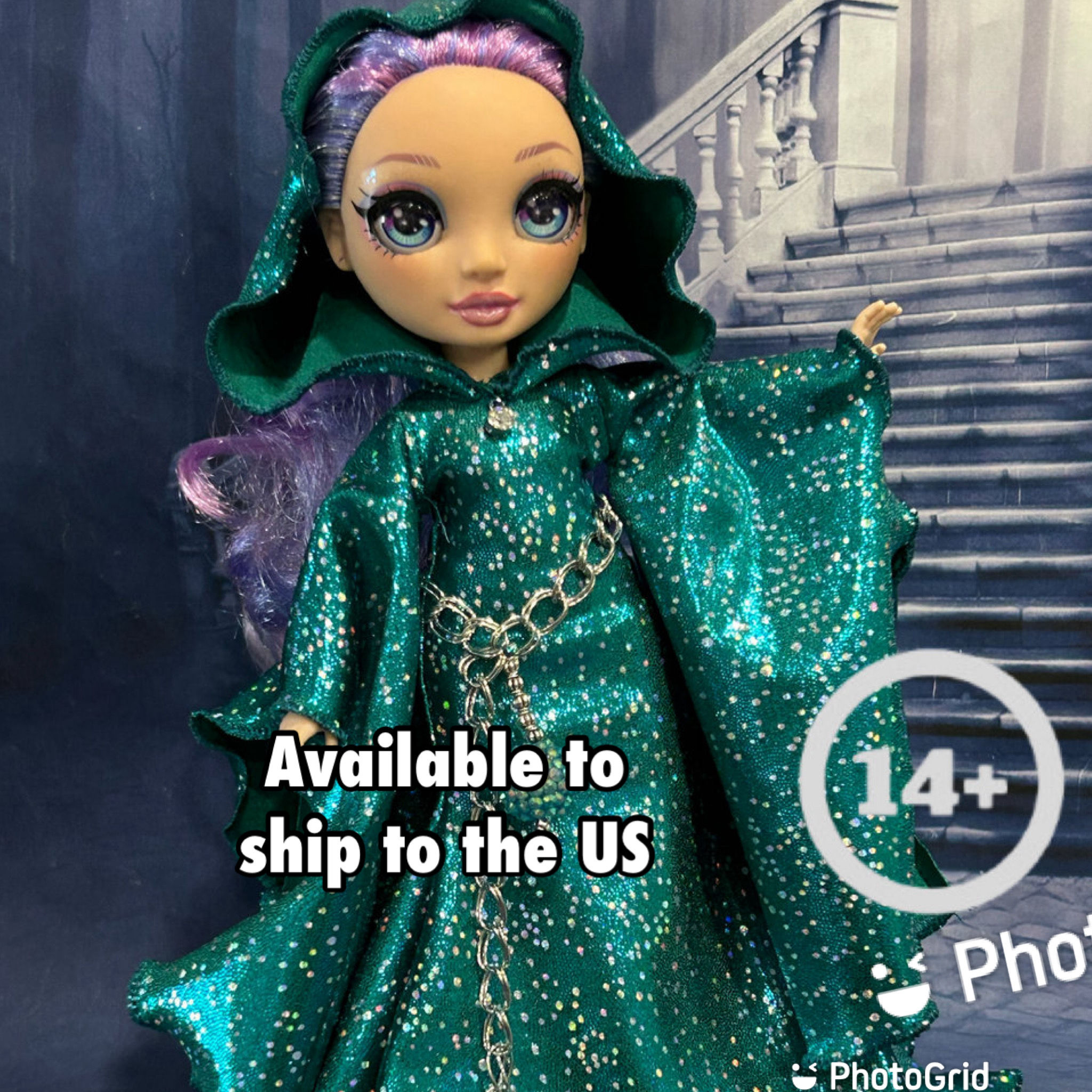 Shimmer Teal and Silver Ruffled Hem Gown with Hood for your Rainbow Fashion Doll
