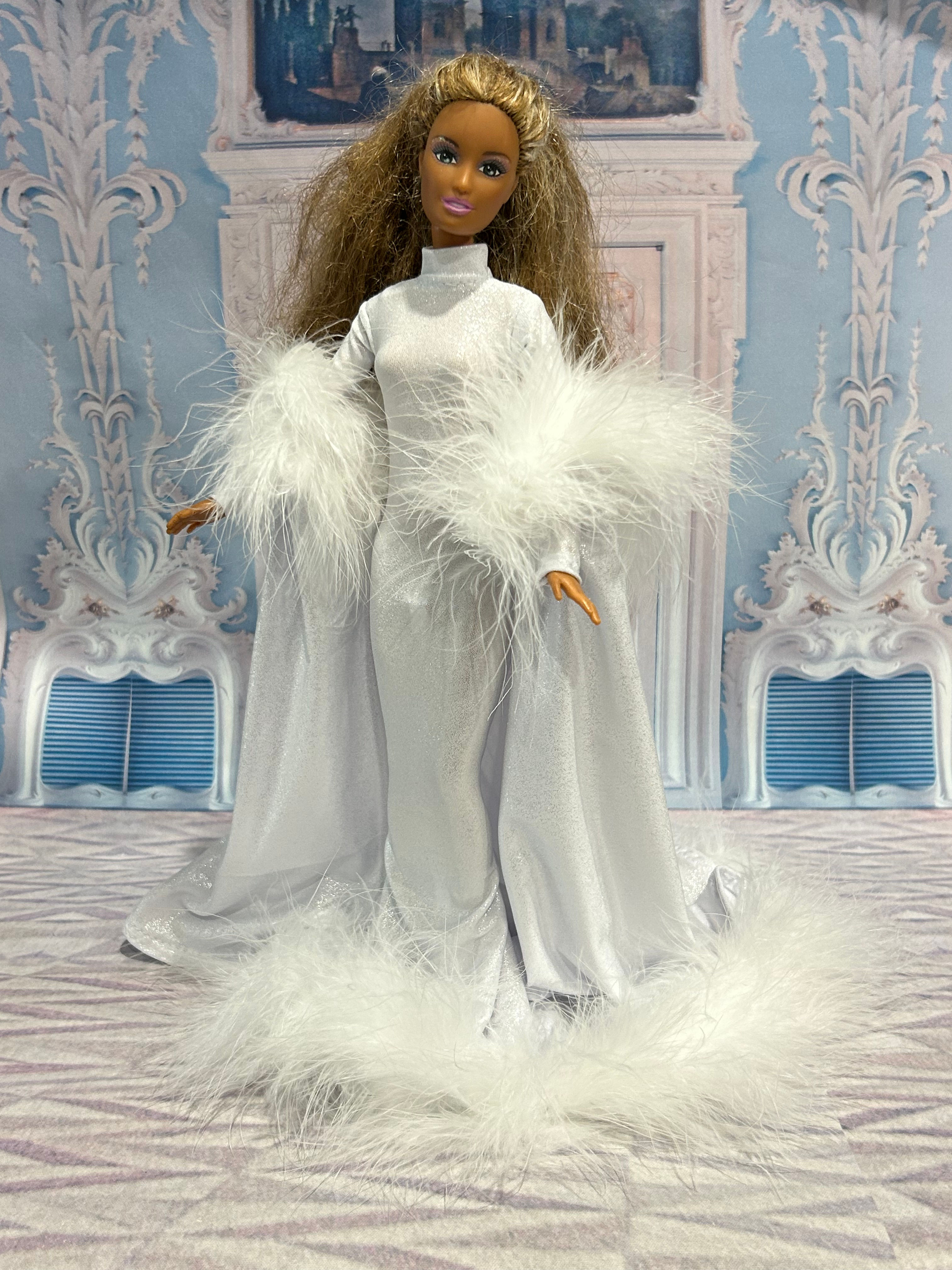 White Shimmer Gown and Cape with Maribou Feather Trim for 11.5" Fashion Doll