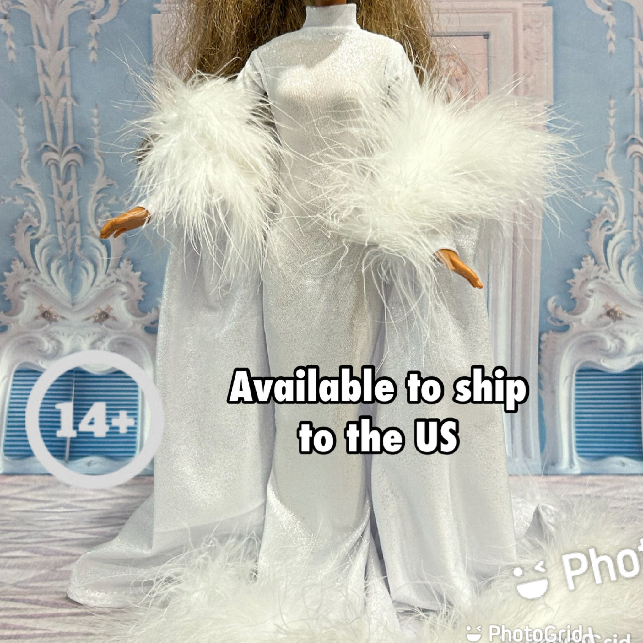 White Shimmer Gown and Cape with Maribou Feather Trim for 11.5" Fashion Doll