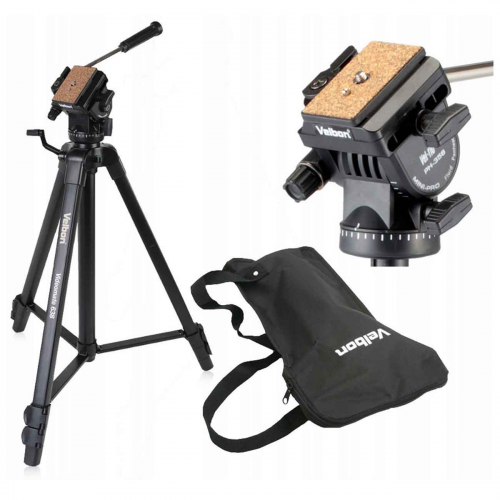 VELBON VIDEO TRIPOD VIDEOMATE 638/F W/PH-368 with carrying back and closeup view of mount