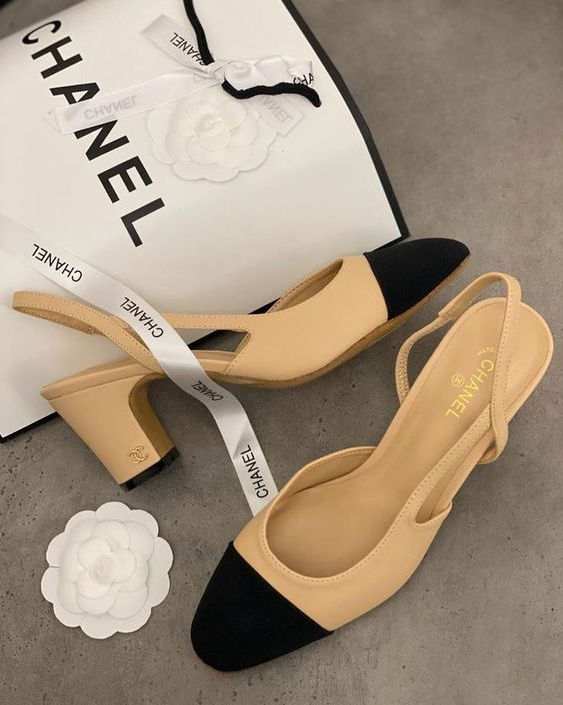 Close-up of Chanel old money style heels.