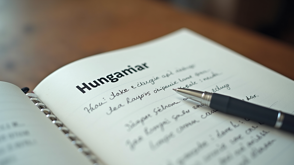 Close-up of a notebook with Hungarian grammar notes and a pen