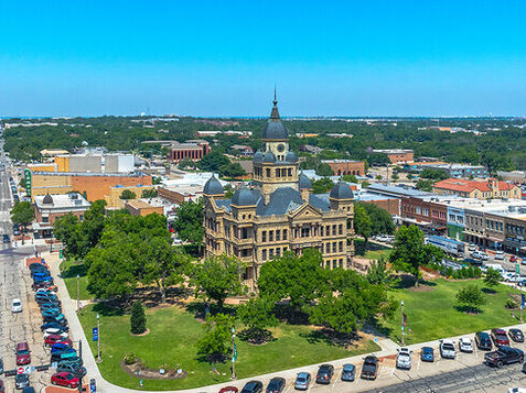 Aerial view over the town square in Denton, Texas