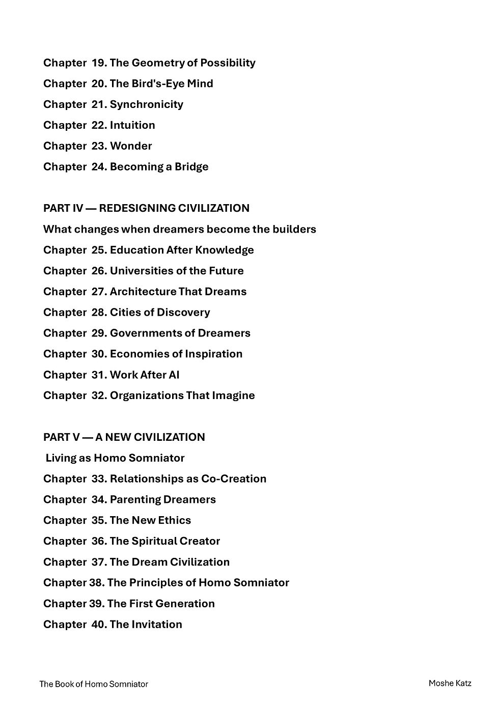थंबनेल: table of content for the book of homo somniator by moshe katz