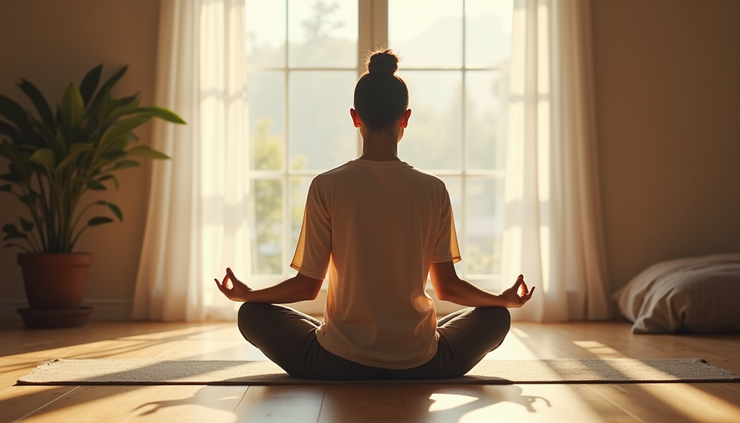 Eye-level view of a person sitting quietly in a peaceful room practicing deep breathing