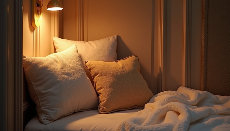 High angle view of a cozy reading nook with soft cushions and warm lighting, symbolizing a safe space for emotional comfort