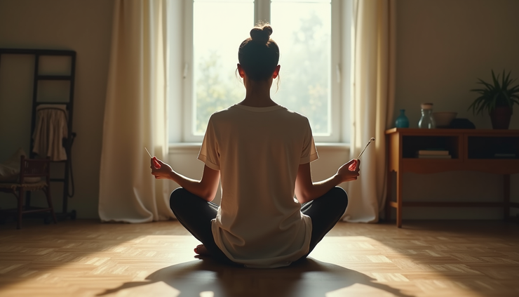 Eye-level view of a person sitting cross-legged, humming during meditation