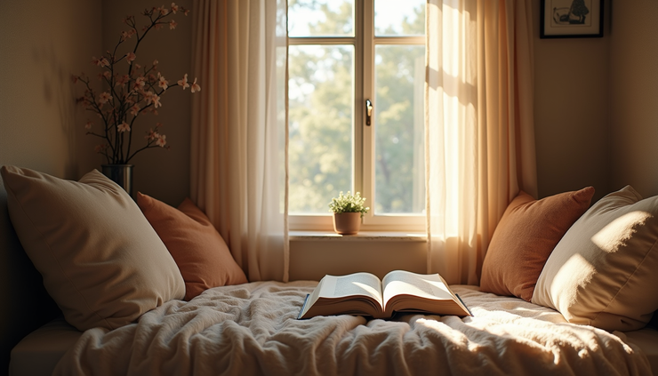 Eye-level view of a cozy reading nook with soft lighting and calming decor