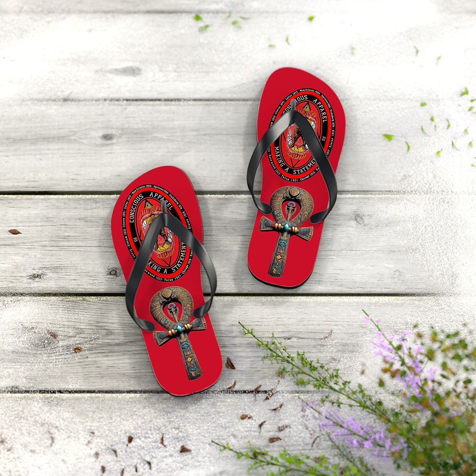 Thumbnail: Red Ankh sandals on wood