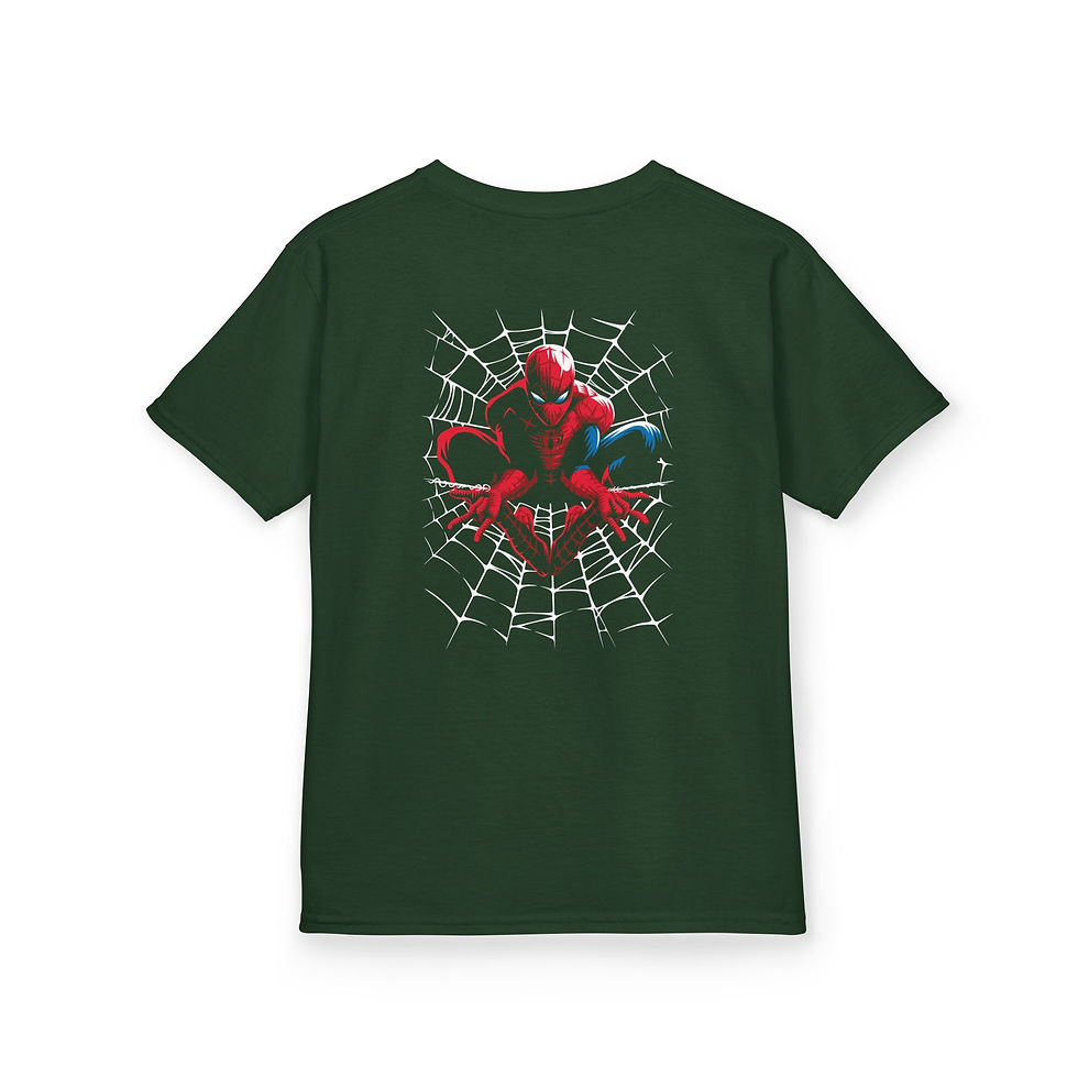 Thumbnail: Dark green t-shirt featuring Spider-Man in a web