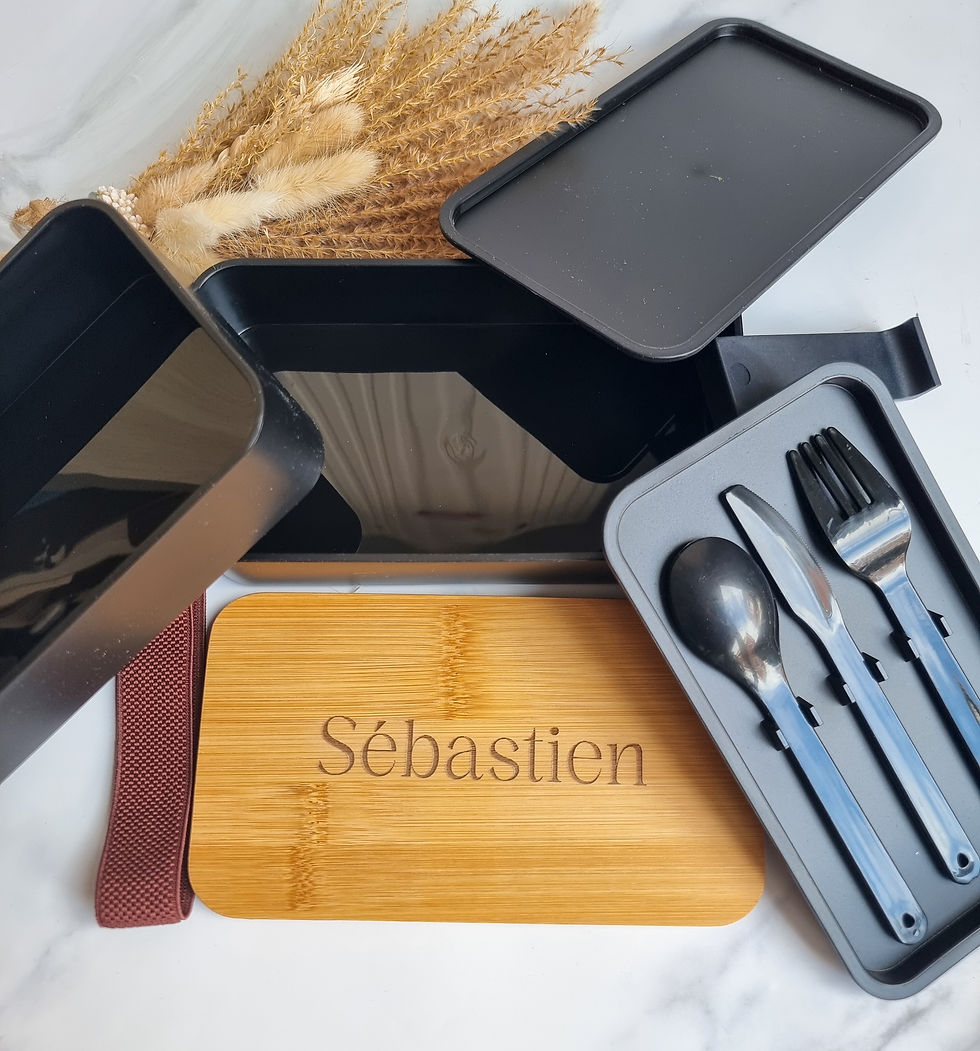 Thumbnail: Lunchbox - Gepersonaliseerd design - Inclusief bestekset - Wit - Zwart
