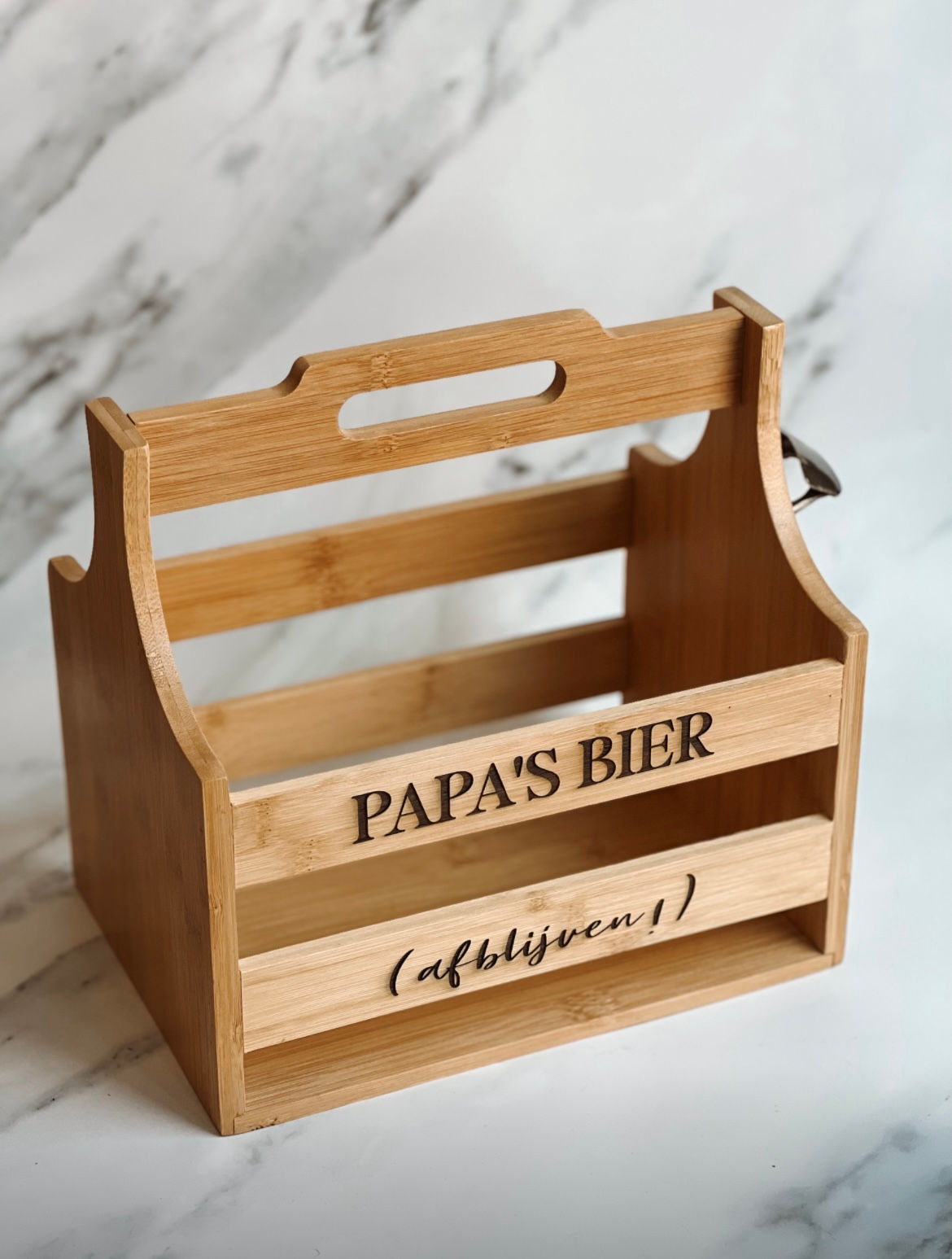 Bierkrat - Gegraveerd hout - Met opener - Papa’s Bier- ‘papa’s bier, afblijven!’