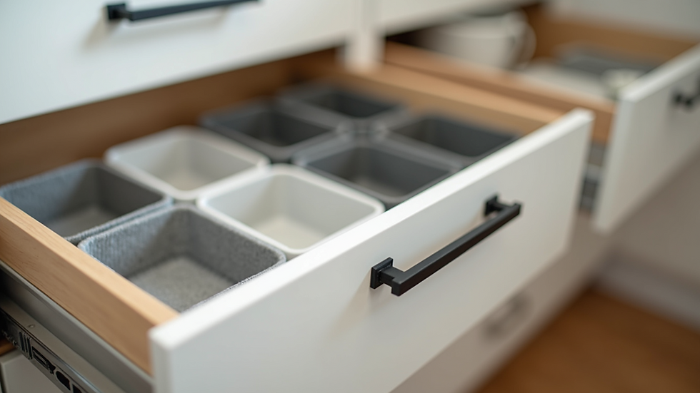 Close-up view of custom kitchen drawers with organizers