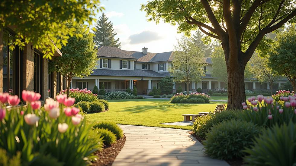 Wide angle view of a peaceful garden area in an independent living community