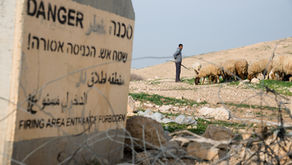 A Palestinian shepherd herding his sheep near a sign reading "Firing area entrance forbidden"