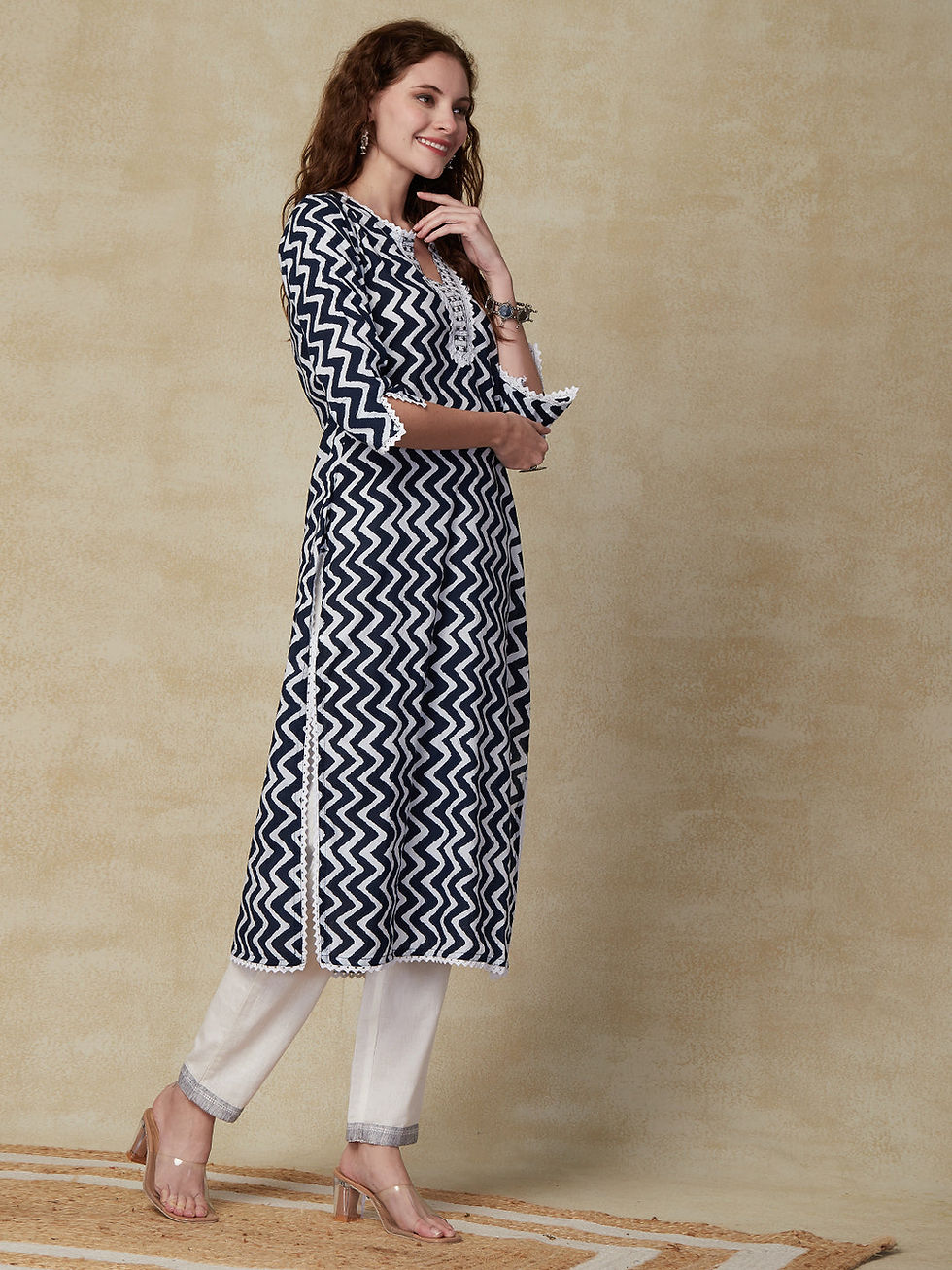Thumbnail: Premium Quality
Ethnic Chevron Printed cotton kurta with
Crochet Lace Work 