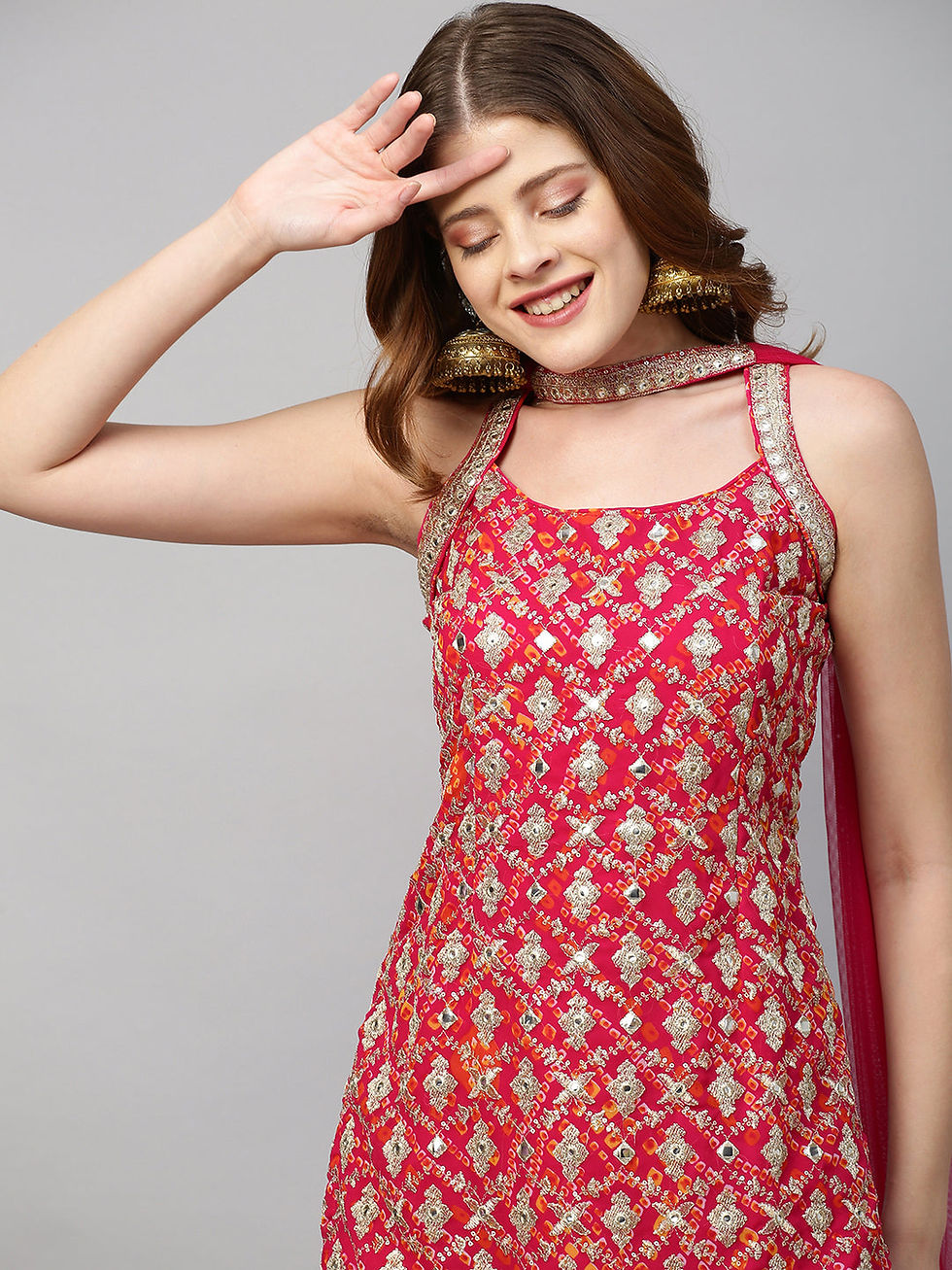 Thumbnail: Wedding Sharara Suit - Hot Pink Georgette Embroidered Kurta with Net Dupatta