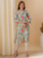 Blue Kantha Embroidered Straight Fit Kurta for Women | Rayon Printed Kurta