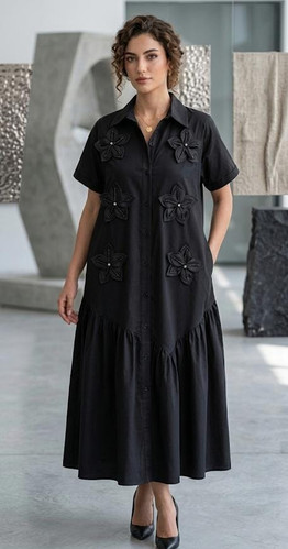 Black Plus Size Midi Dress with 3D Floral Embellishments | Ard Collections