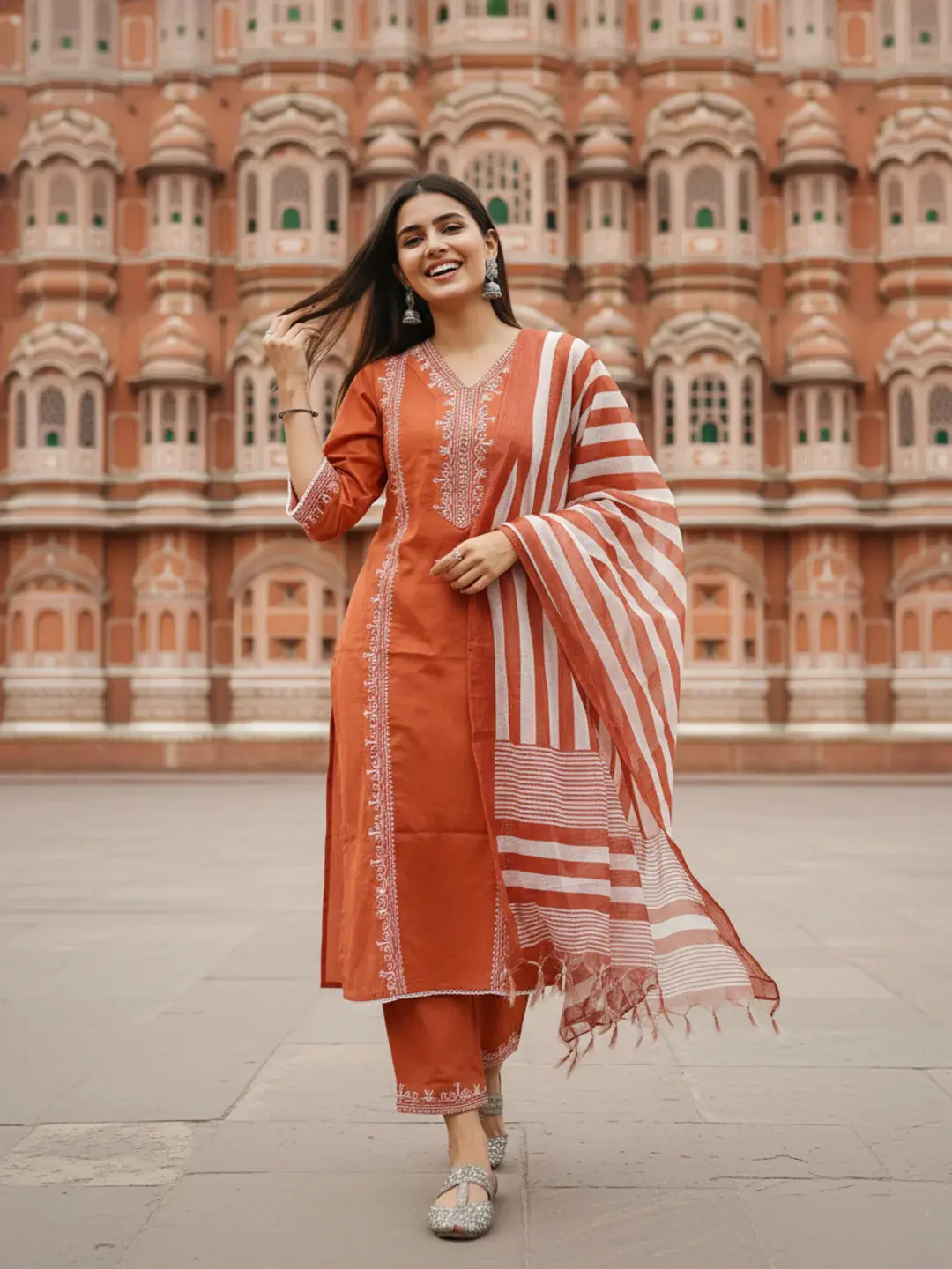 Rust cotton kurta palazzo set for women with dupatta