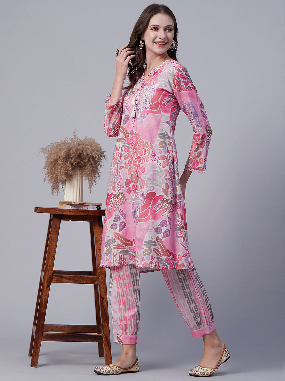 Thumbnail: Abstract Printed Pearl, Fringed Tassels & Crochet Lace Kurta With Harrem pants